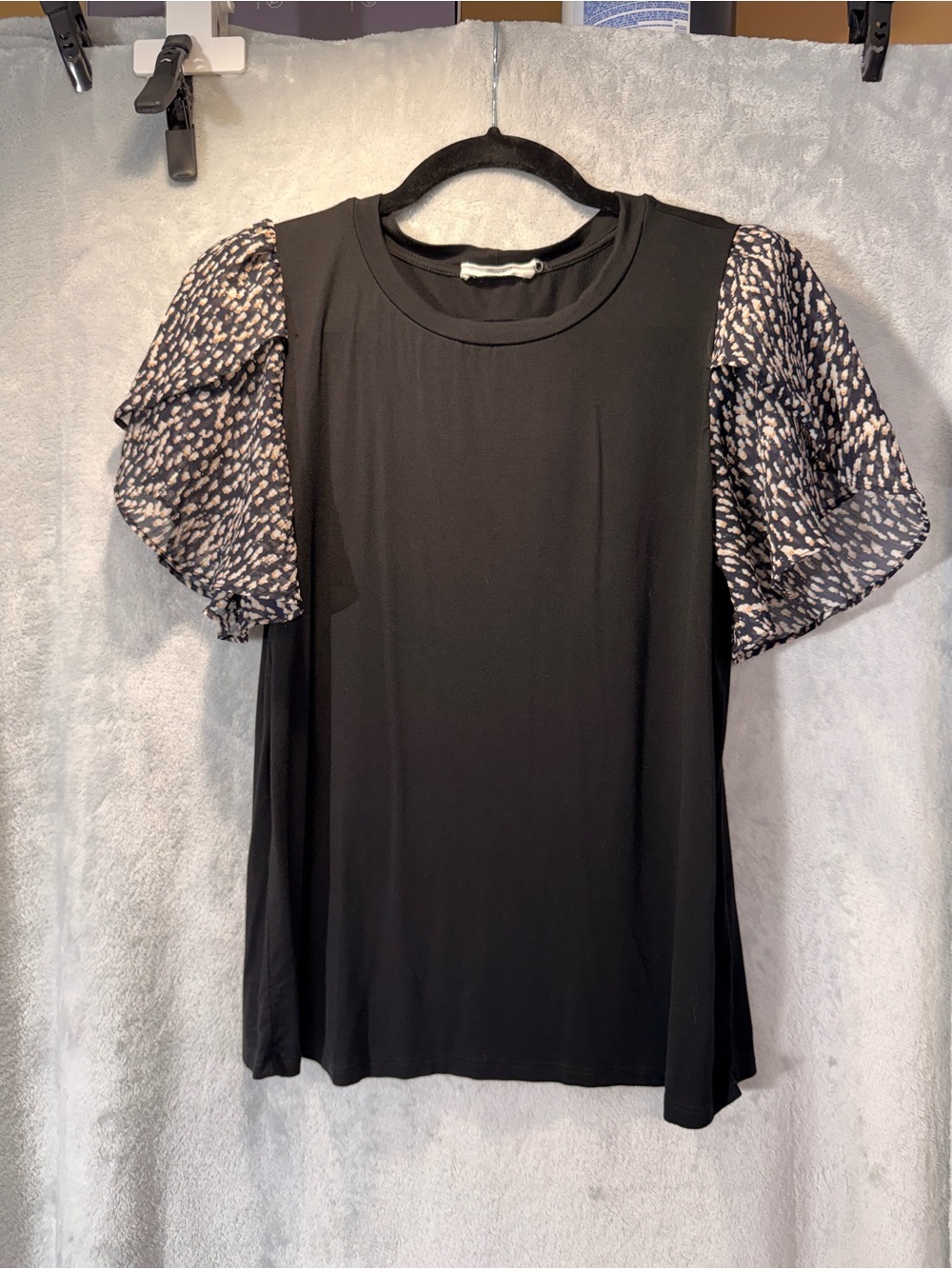 Black Knit Top with Printed Sheer Puff Short Sleeves